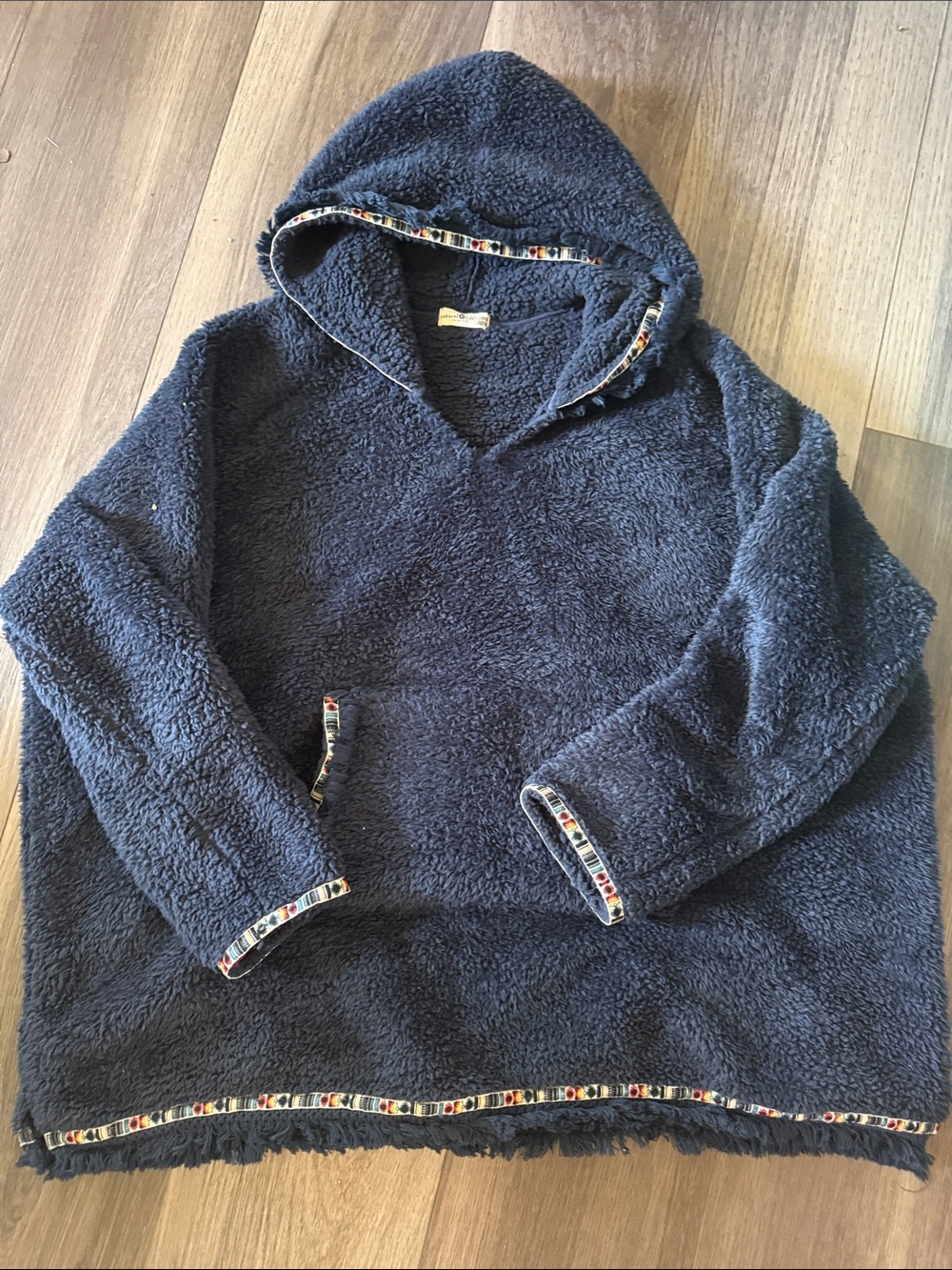NATURAL LIFE Navy Blue Sherpa Hoodie with Pattern Trim